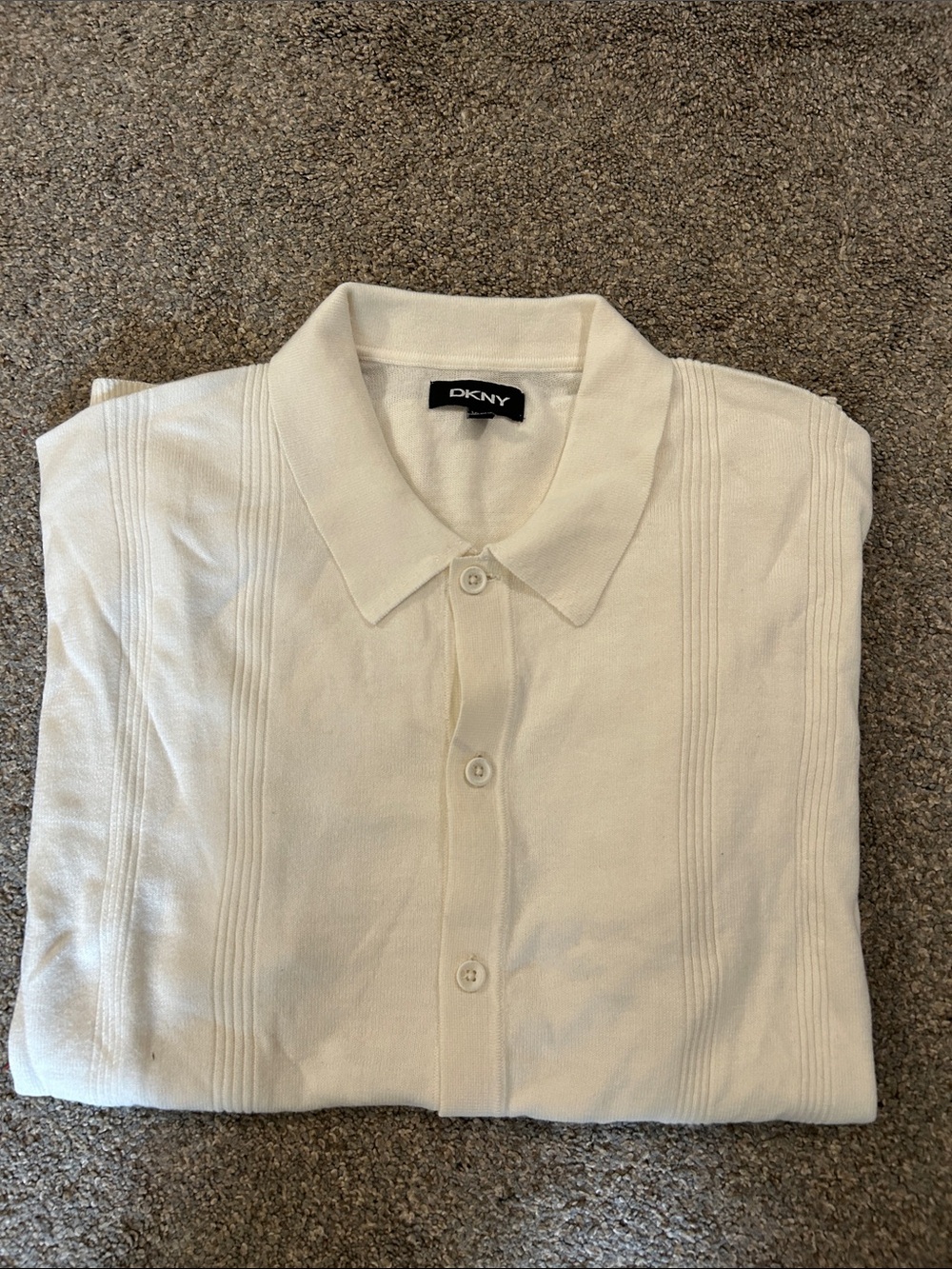 DKNY Men’s Cream Knit V-Neck Button-Up polo.